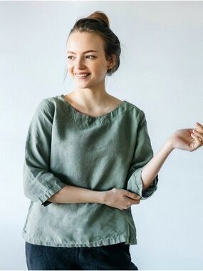 Len OK Green Linen 100% Boat Neck 3/4 SleeveLoose Fit Top,XS